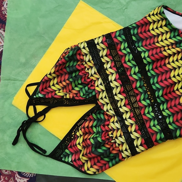 Reggae Style, Red, Green, Black, Gold V-Neck 1 Piece Swimsuit - Picture 3 of 9
